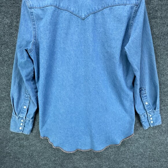 Wrangler Pearl Snap Denim Shirt Mens Medium Blue Western Cowboy Rodeo Raw Hem - Picture 6 of 16